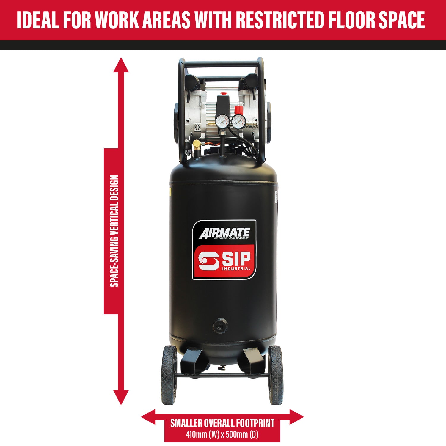 SIP 05484 DD 3hp 100ltr Low Noise Oil-Free Vertical Direct Drive Compressor
