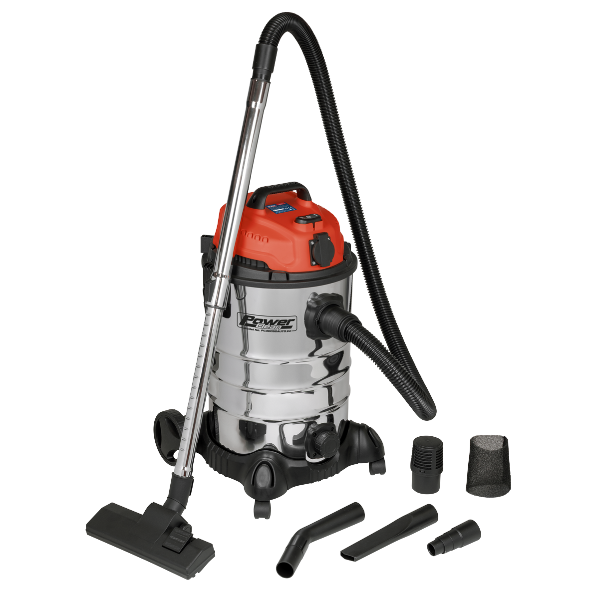Sealey PC300SDAUTO 30L Industrial Vacuum Cleaner Wet & Dry with Stainless Steel Drum & Auto-Start 1400W/230V