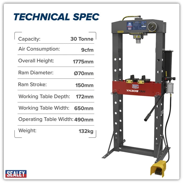 Sealey YK309FAH Air/Hydraulic Press 30 Tonne Floor Type with Foot Pedal
