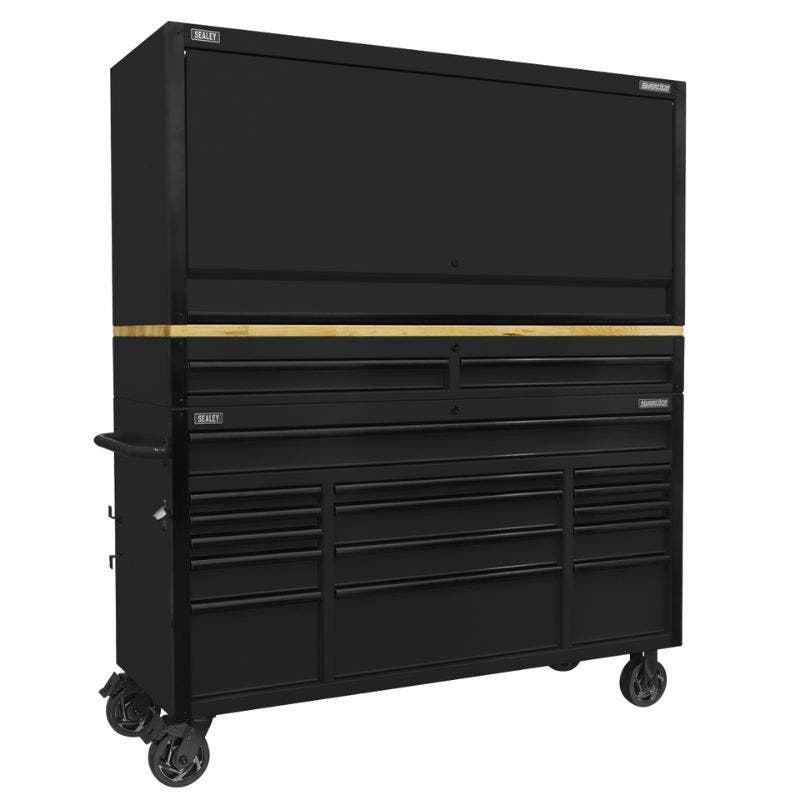 Sealey AP6215BECOMBO1 Superline PRO® Black Edition Mobile Trolley with Wooden Worktop 15 Drawer, Hutch & 2 Drawer Riser 1549mm