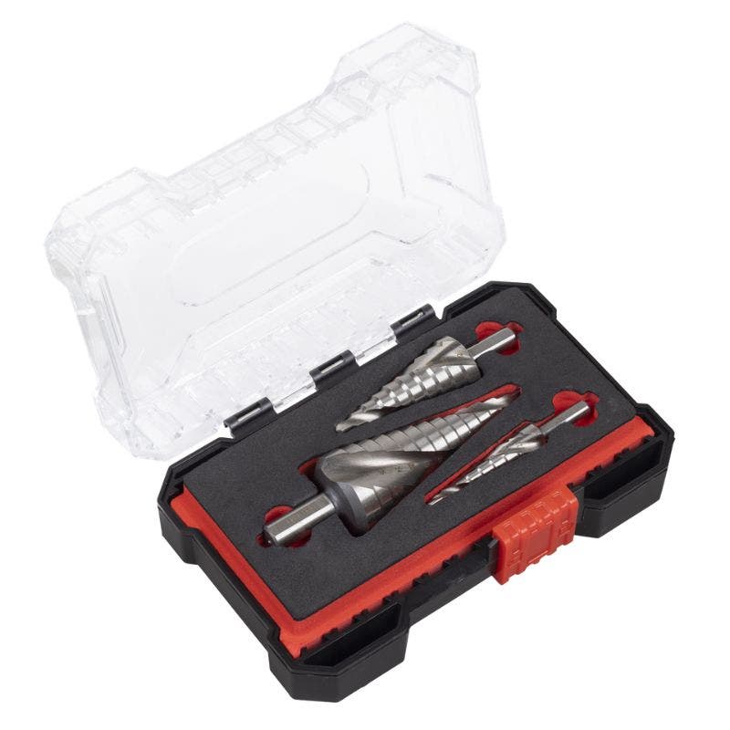 Sealey AK4749 HSS 4341 Step Drill Bit Set 3pc Spiral Flute