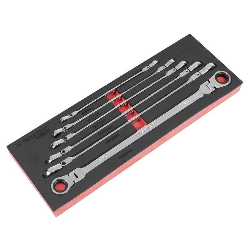 Sealey AK63832 Flexi-Head Double End Ratchet Ring Spanner Set 6pc Extra-Long Metric