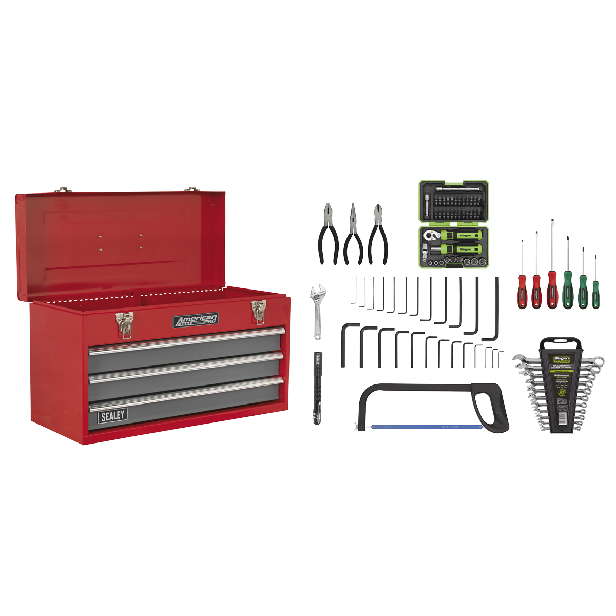 Sealey AP9243BBCOMBO Portable Tool Chest 3 Drawer with Ball Bearing Slides - Red/Grey & 93pc Tool Kit