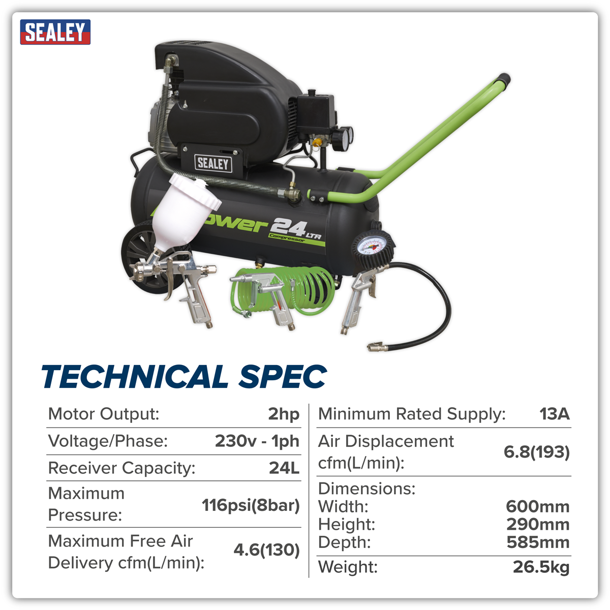 Sealey SAC2420EPK Air Compressor 24L Direct Drive 2hp with 4pc Air Accessory Kit