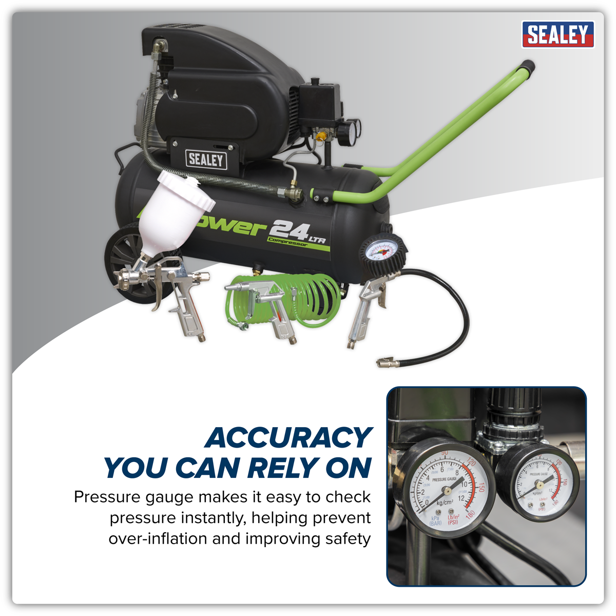 Sealey SAC2420EPK Air Compressor 24L Direct Drive 2hp with 4pc Air Accessory Kit