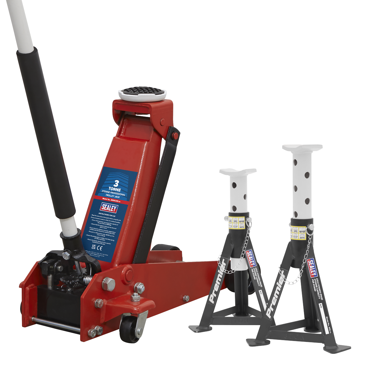 Sealey 3000CXDCOMBO1 Trolley Jack 3t & Axle Stands (Pair) 3t per Stand Combo
