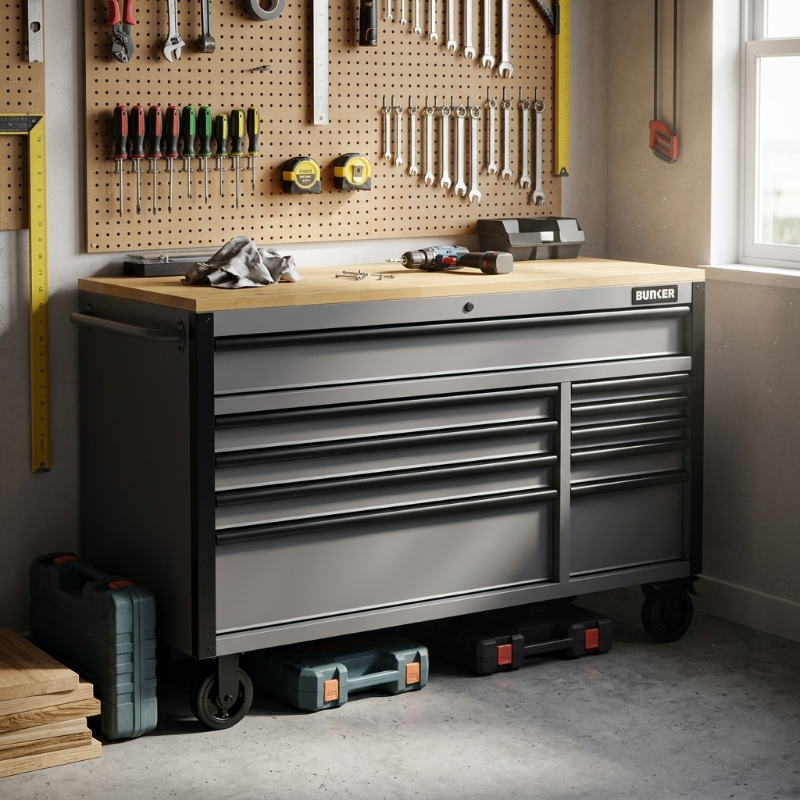 BUNKER 31760 10 Drawer Workbench Roller Tool Cabinet, 56", Light Grey