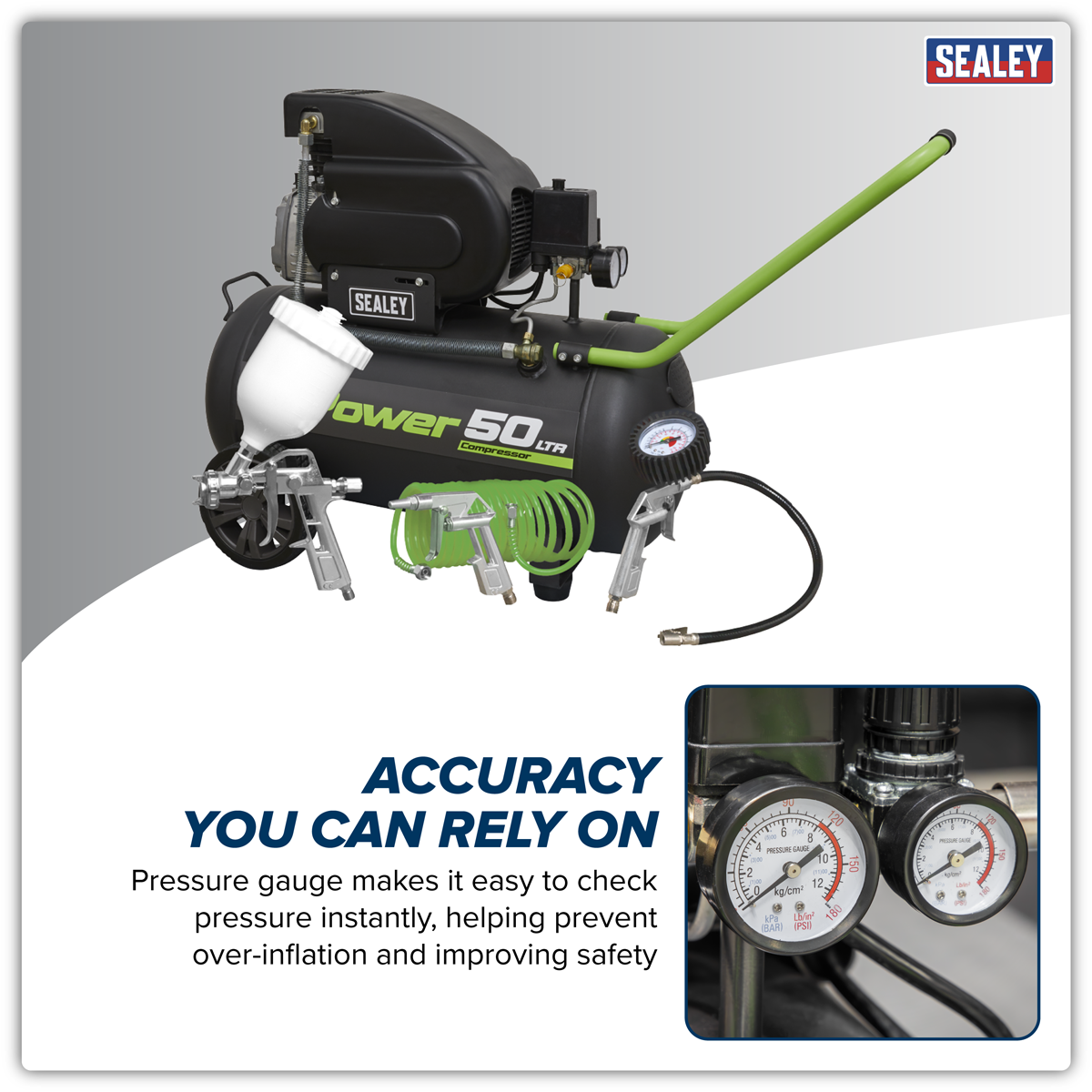 Sealey SAC5020EPK Air Compressor 50L Direct Drive 2hp with 4pc Air Accessory Kit
