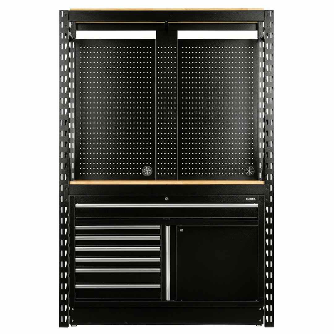 BUNKER 28005 14 Piece Modular Storage Combo 2 Tier Racking with Hardwood Shelving, Pegboards and Floor Cabinet, 1500mm