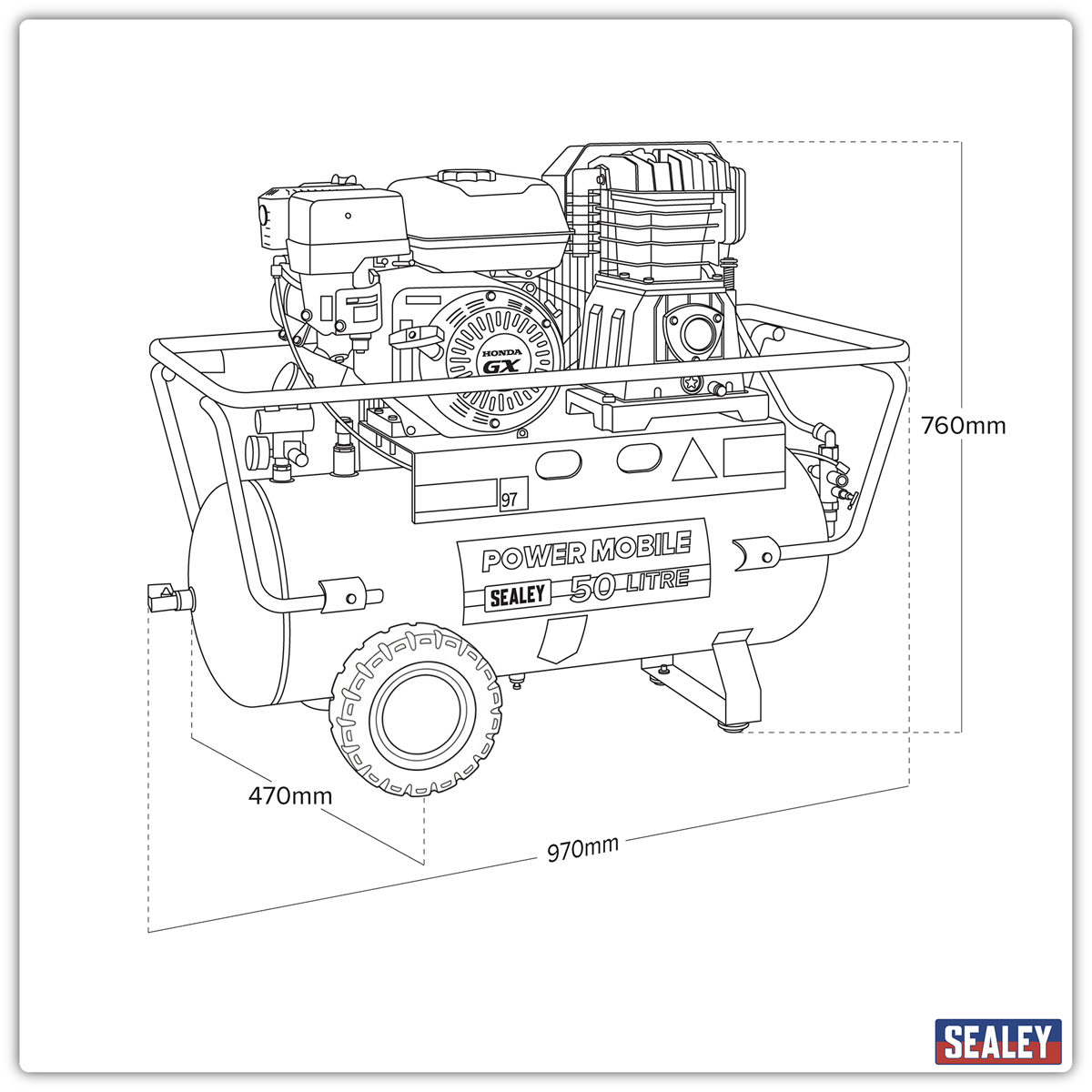 Sealey SA5055 Air Compressor 50L Belt Drive Petrol Engine 5.5hp