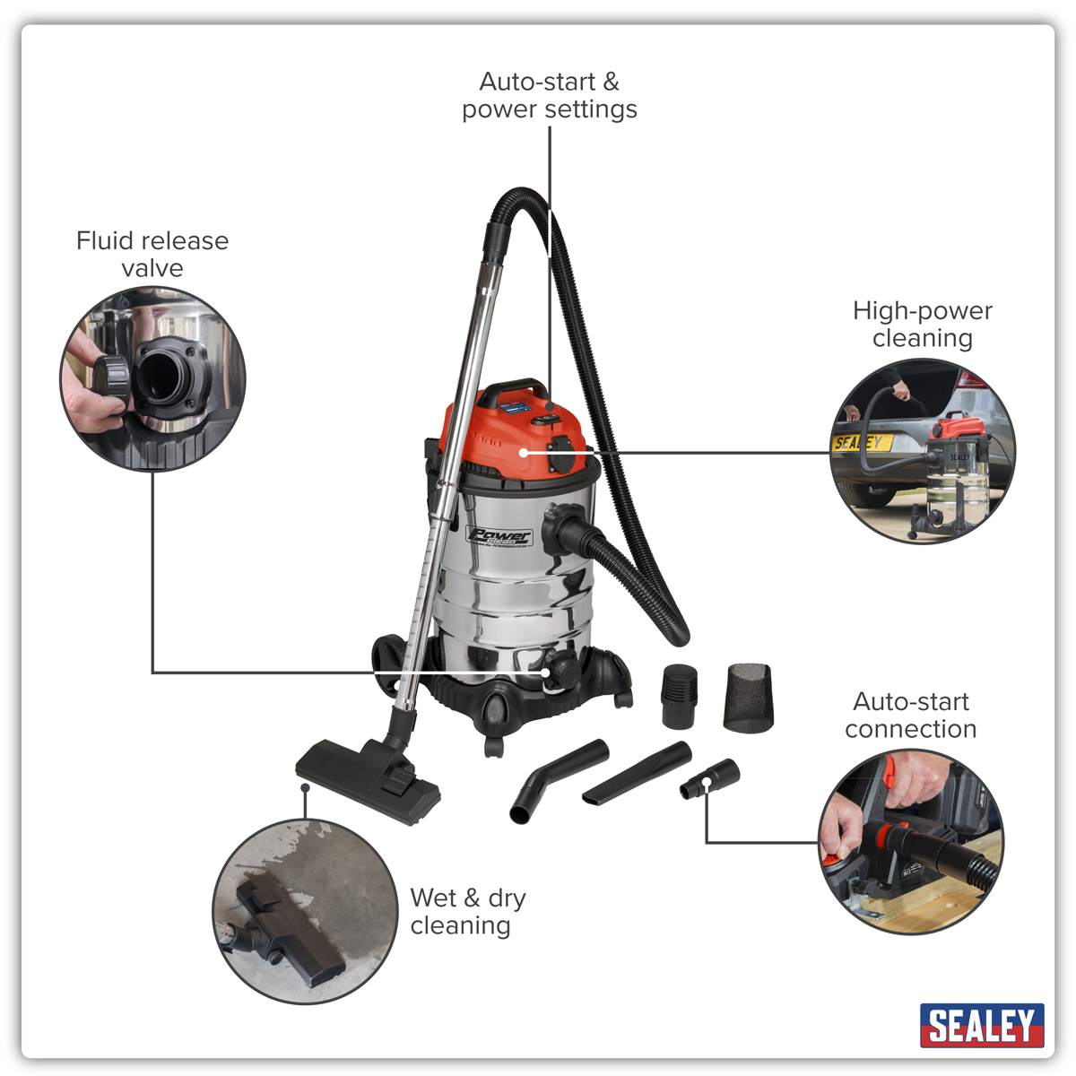 Sealey PC300SDAUTO 30L Industrial Vacuum Cleaner Wet & Dry with Stainless Steel Drum & Auto-Start 1400W/230V