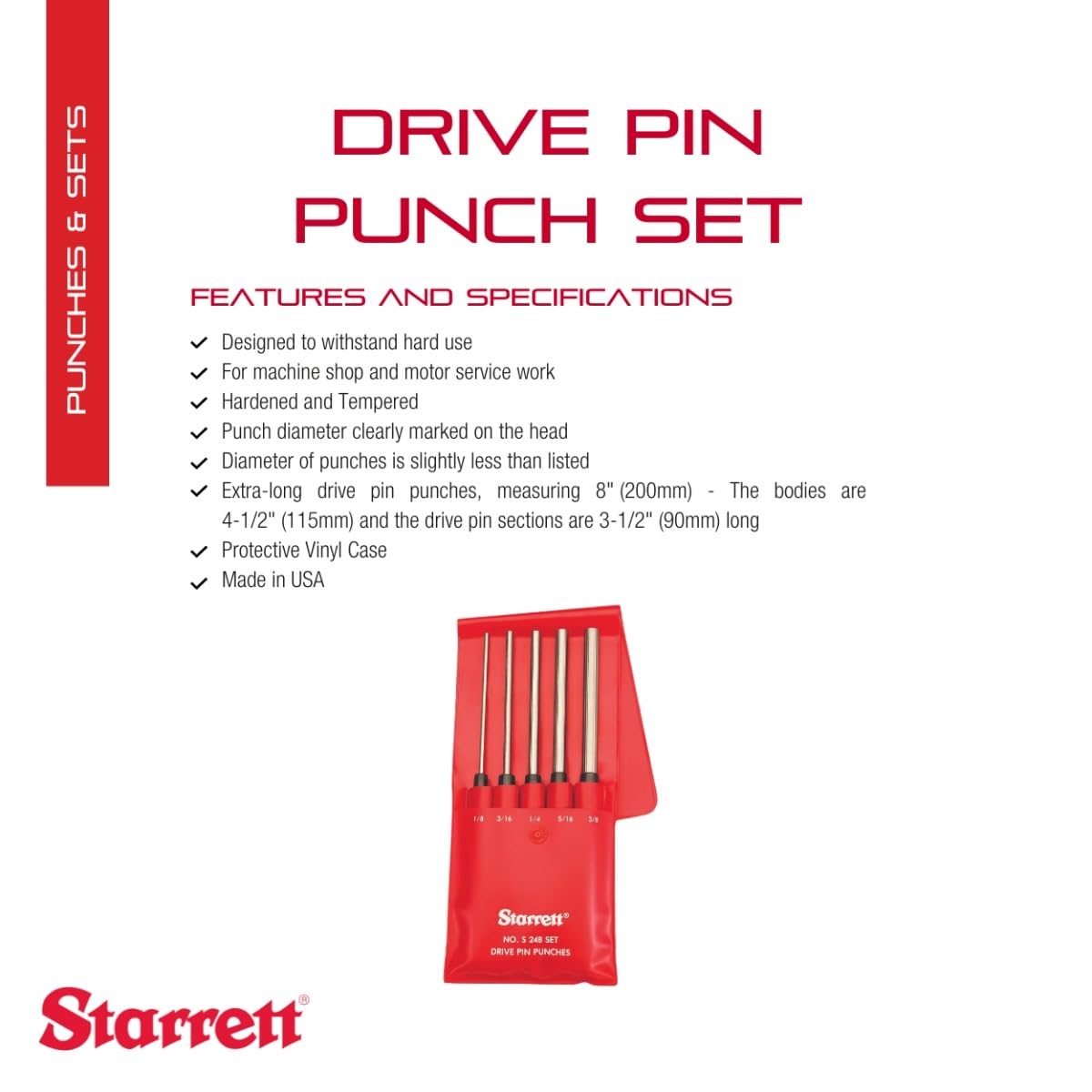 Starrett S248PC Extended Length Drive Pin Punch Set