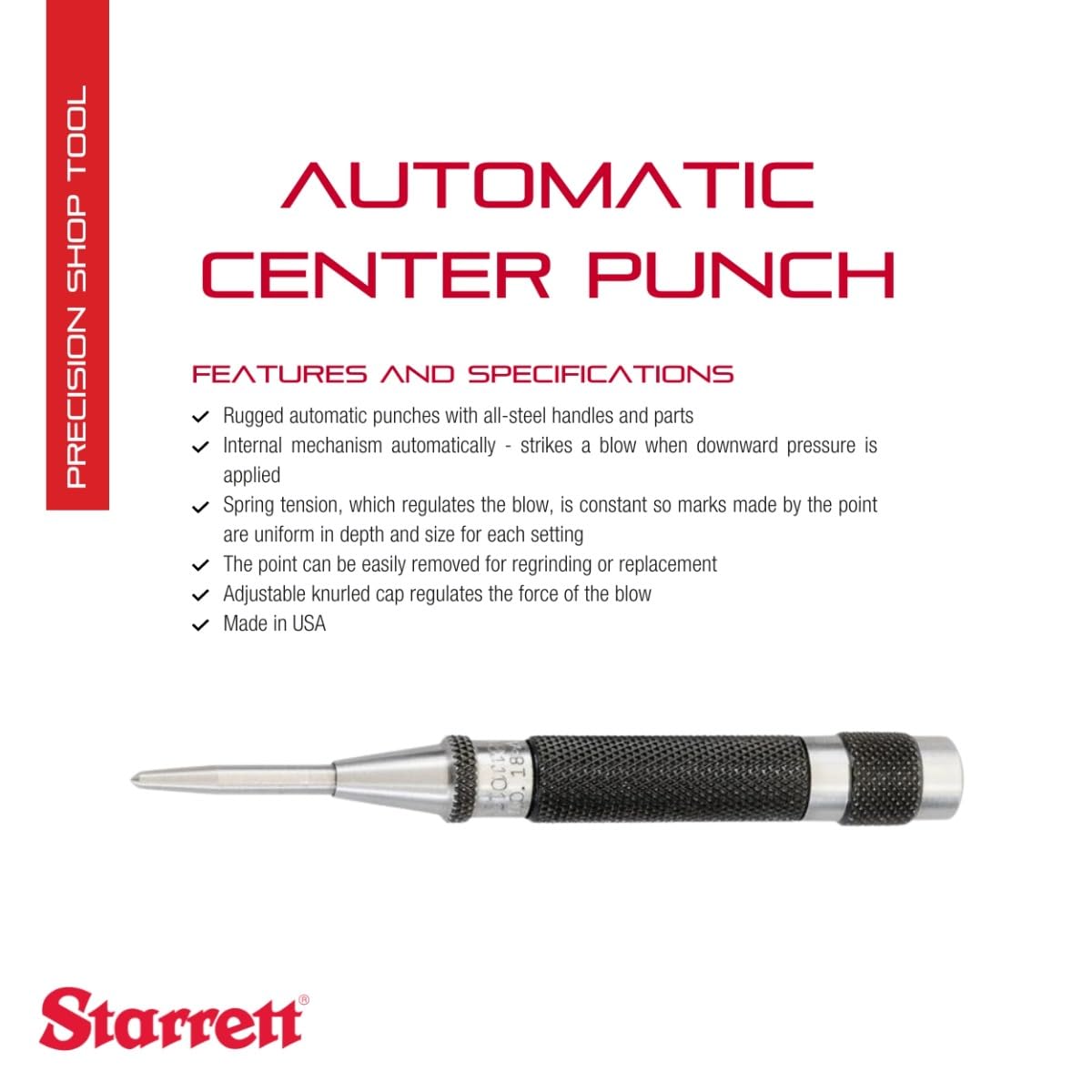 Starrett 18AA 100MM 4" Automatic Centre Punch With Adjustable Stroke