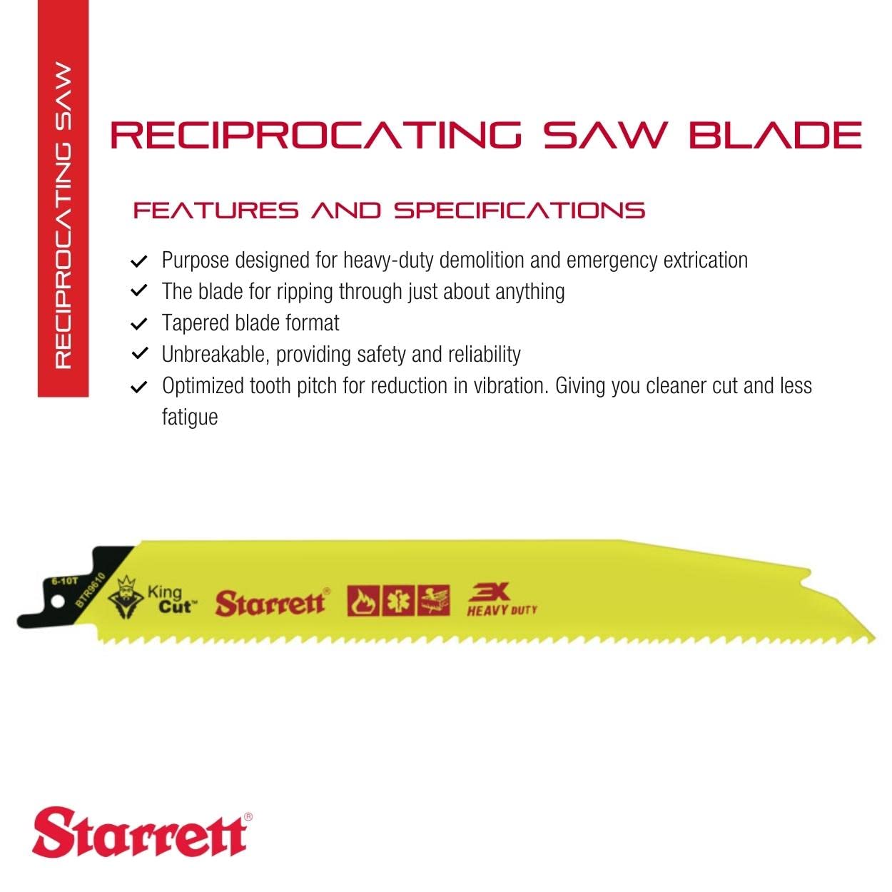 Starrett Bi-Metal Reciprocating Saw Blade BTR9610-5 King-Cut 228 mm 9" Inch 6-10 TPI (5 Pcs)