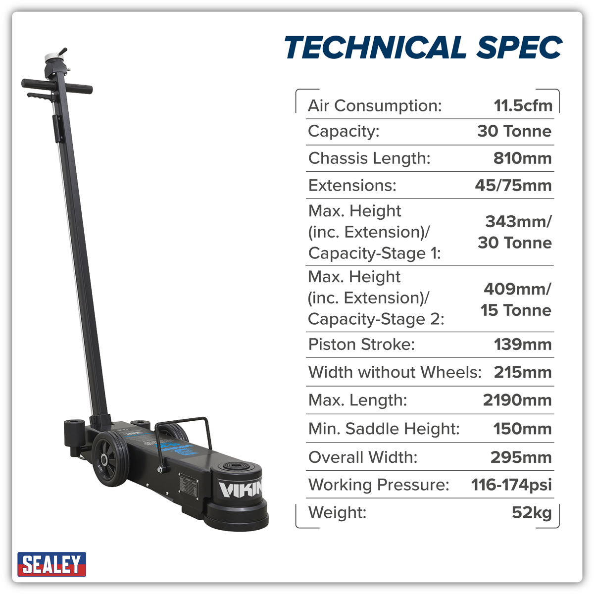 Sealey YAJ15-30LE Viking Long Reach/Low Profile Air Operated Telescopic Jack 15-30 Tonne