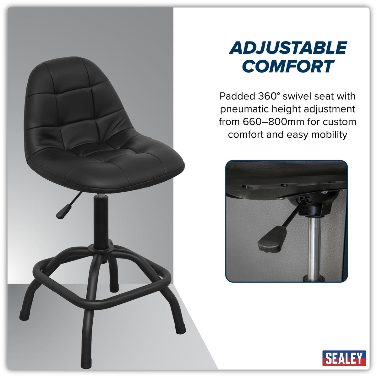 Sealey SCR01B Workshop Stool Pneumatic with Adjustable Height Swivel Seat & Back Rest