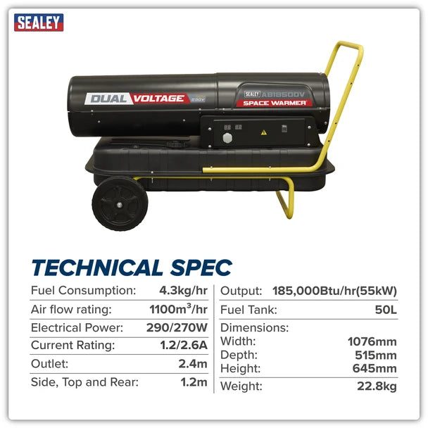 Sealey AB1850DV Dual Voltage Space Warmer® Kerosene/Diesel Heater with Wheels 185,000Btu/hr(55kW)