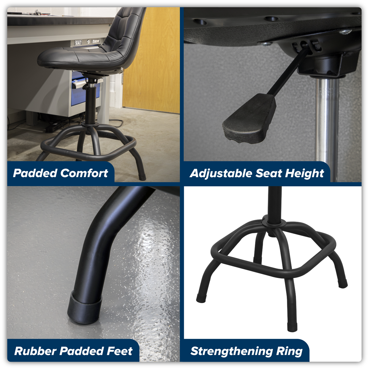 Sealey SCR01B Workshop Stool Pneumatic with Adjustable Height Swivel Seat & Back Rest