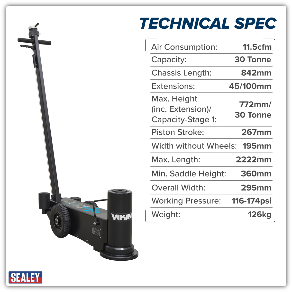 Sealey YAJ30H Viking Air Operated High Lift Single Stage Jack 30 Tonne