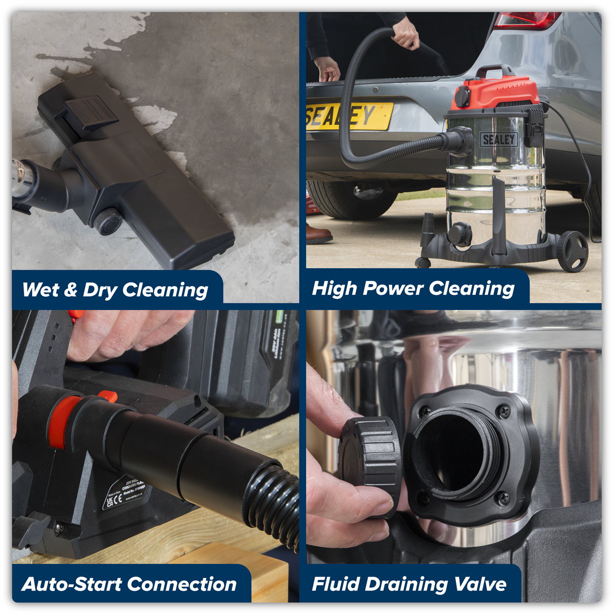 Sealey PC300SDAUTO 30L Industrial Vacuum Cleaner Wet & Dry with Stainless Steel Drum & Auto-Start 1400W/230V