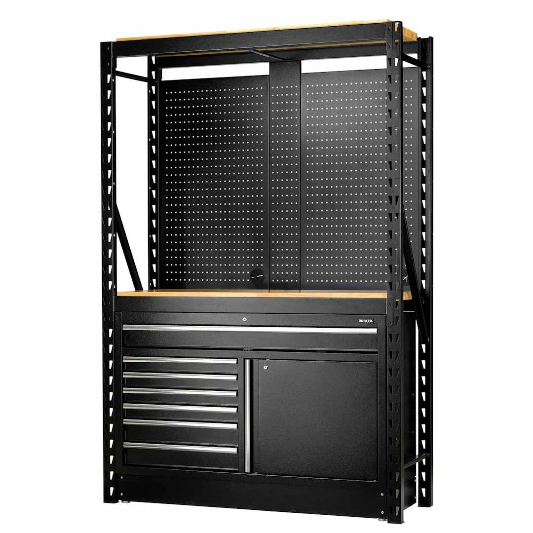 BUNKER 28005 14 Piece Modular Storage Combo 2 Tier Racking with Hardwood Shelving, Pegboards and Floor Cabinet, 1500mm