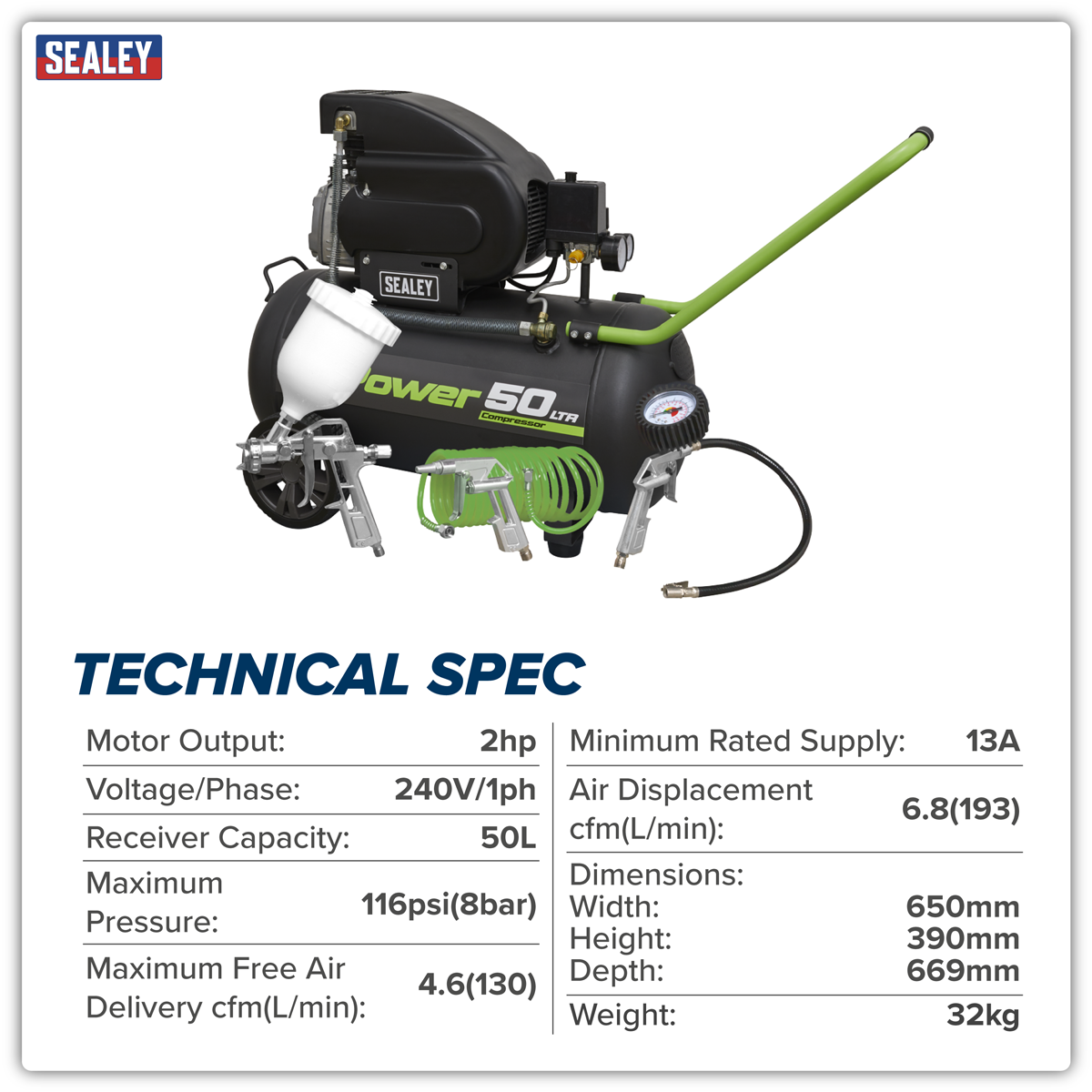 Sealey SAC5020EPK Air Compressor 50L Direct Drive 2hp with 4pc Air Accessory Kit