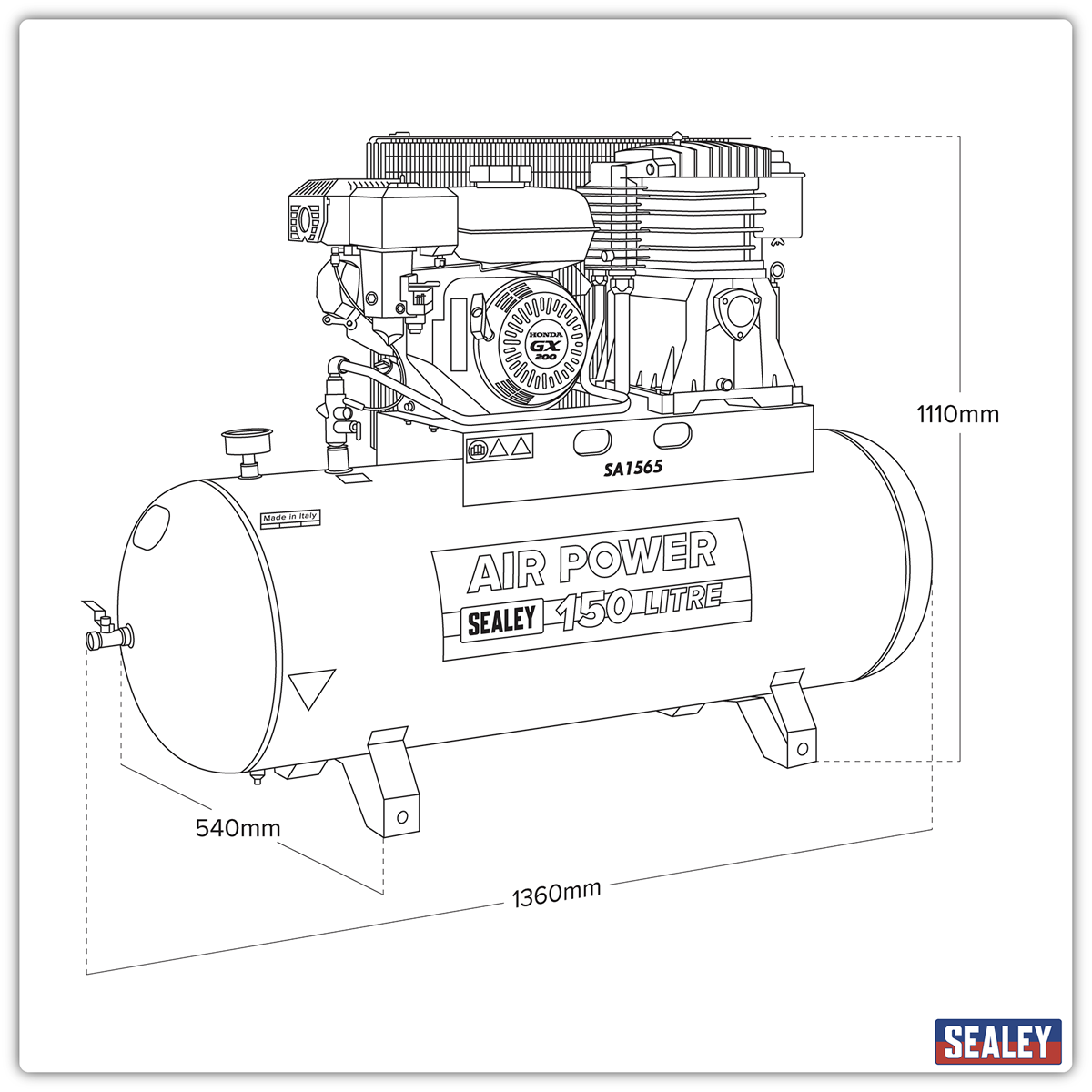 Sealey SA1565 Air Compressor 150L Belt Drive Petrol Engine 6.5hp