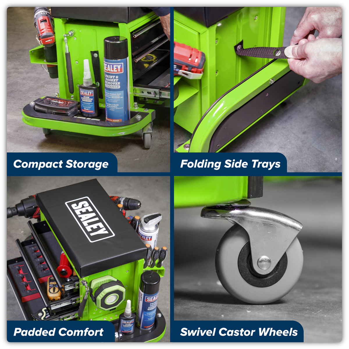 Sealey SCR18G Mechanic's Utility Seat & Toolbox - Hi-Vis Green