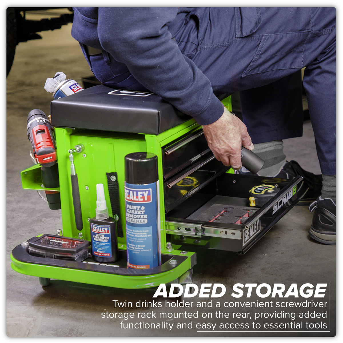 Sealey SCR18G Mechanic's Utility Seat & Toolbox - Hi-Vis Green