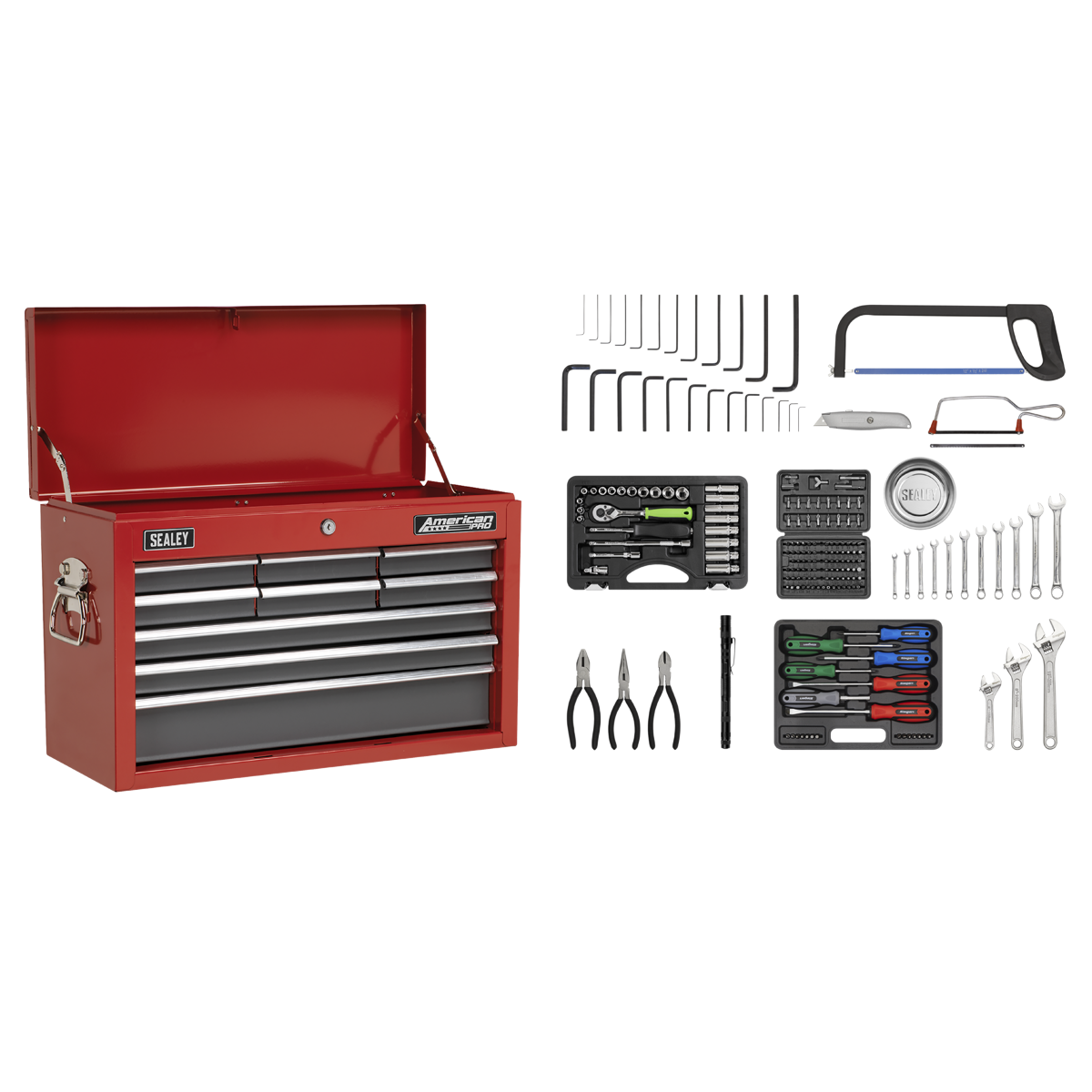 Sealey AP22509BBCOMB American PRO® Topchest 9 Drawer with 205pc Tool Kit - Red/Grey