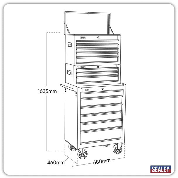 Sealey AP22BSTACK Topchest, Mid-Box & Rollcab 14 Drawer Stack - Black