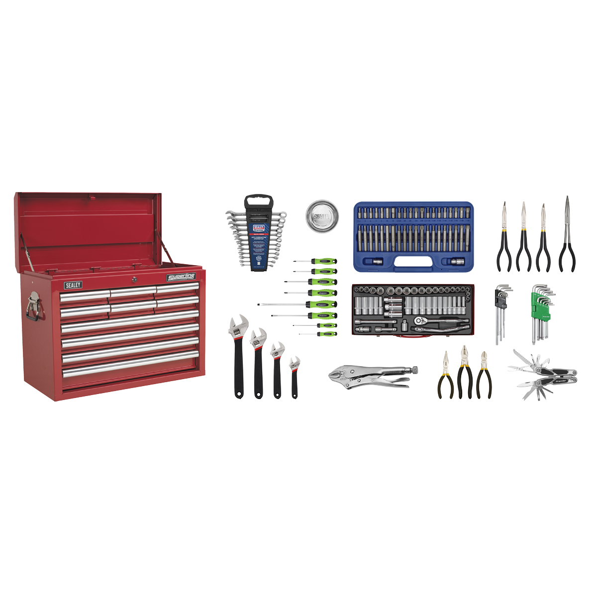 Sealey AP33109COMBO Topchest 10 Drawer with Ball Bearing Slides - Red & 140pc Tool Kit
