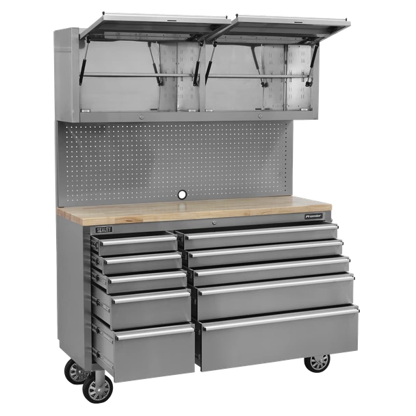 Sealey AP5520SS Mobile Stainless Steel Tool Cabinet 10 Drawer with Backboard & 2 Wall Cupboards
