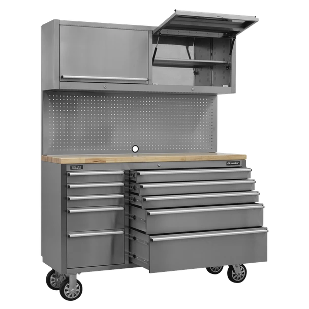 Sealey AP5520SS Mobile Stainless Steel Tool Cabinet 10 Drawer with Backboard & 2 Wall Cupboards
