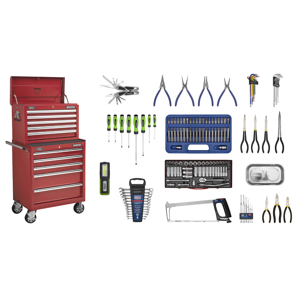 Sealey APCOMBOBBTK55 Topchest & Rollcab Combination 10 Drawer with Ball Bearing Slides - Red & 147pc Tool Kit