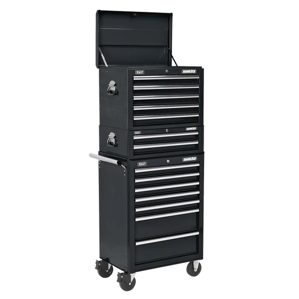 Sealey APSTACKTB Topchest, Mid-Box & Rollcab Combination 14 Drawer with Ball Bearing Slides - Black