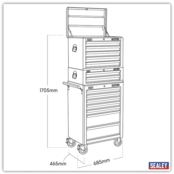 Sealey APSTACKTO Topchest, Mid-Box & Rollcab Combination 14 Drawer with Ball Bearing Slides - Orange