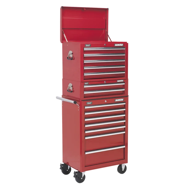 Sealey APSTACKTR Topchest, Mid-Box & Rollcab Combination 14 Drawer with Ball Bearing Slides - Red