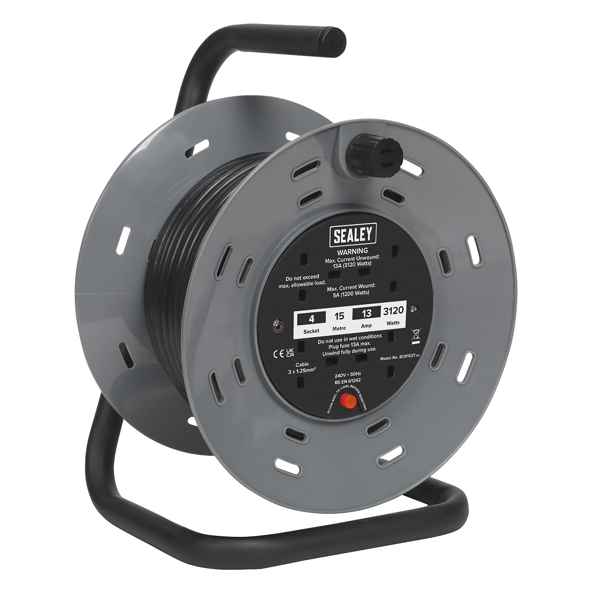 Sealey BCR153T 15m Cable Reel with Thermal Trip 4 x 230V