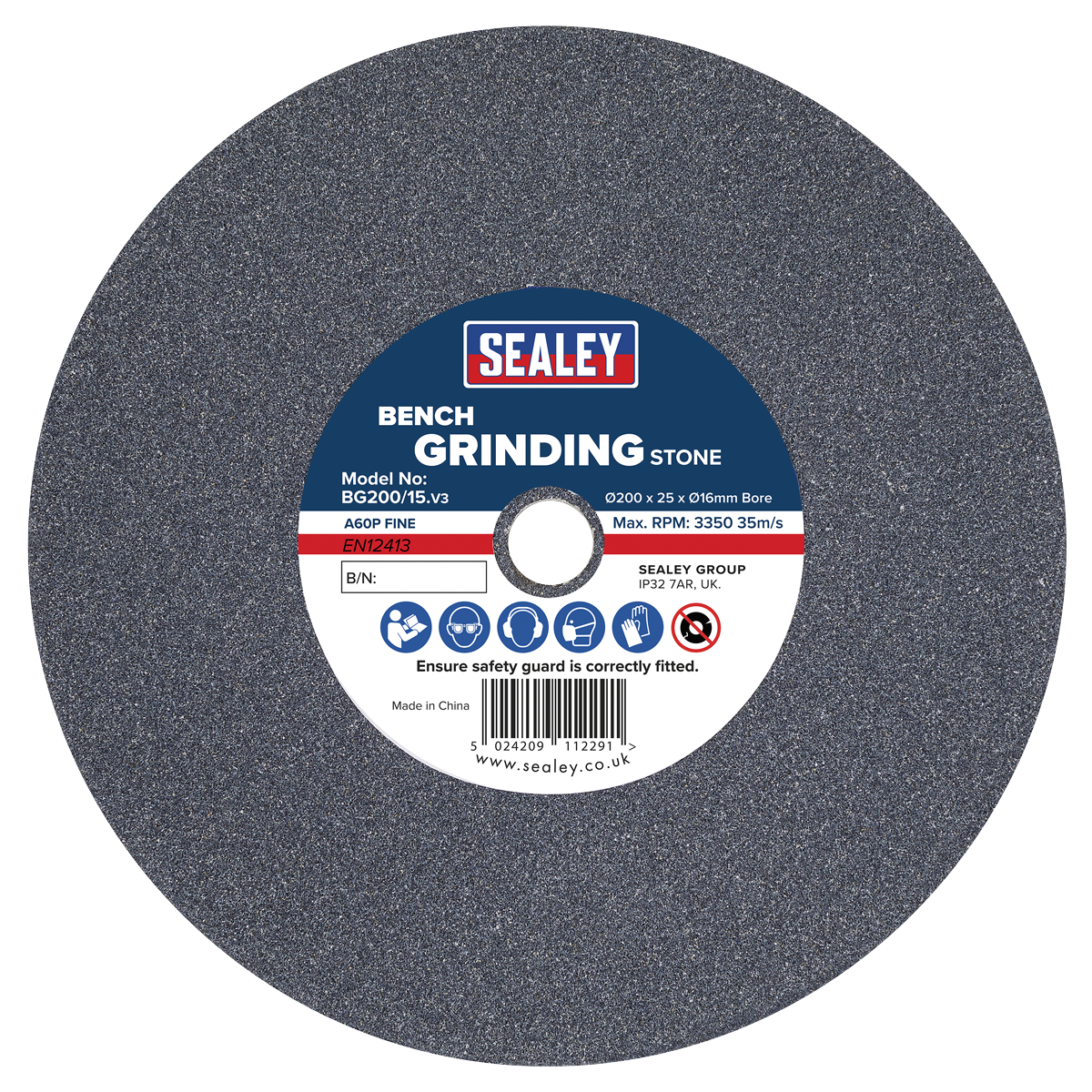 Sealey BG200/15 Grinding Stone 200 x 25mm 16mm Bore A60P Fine
