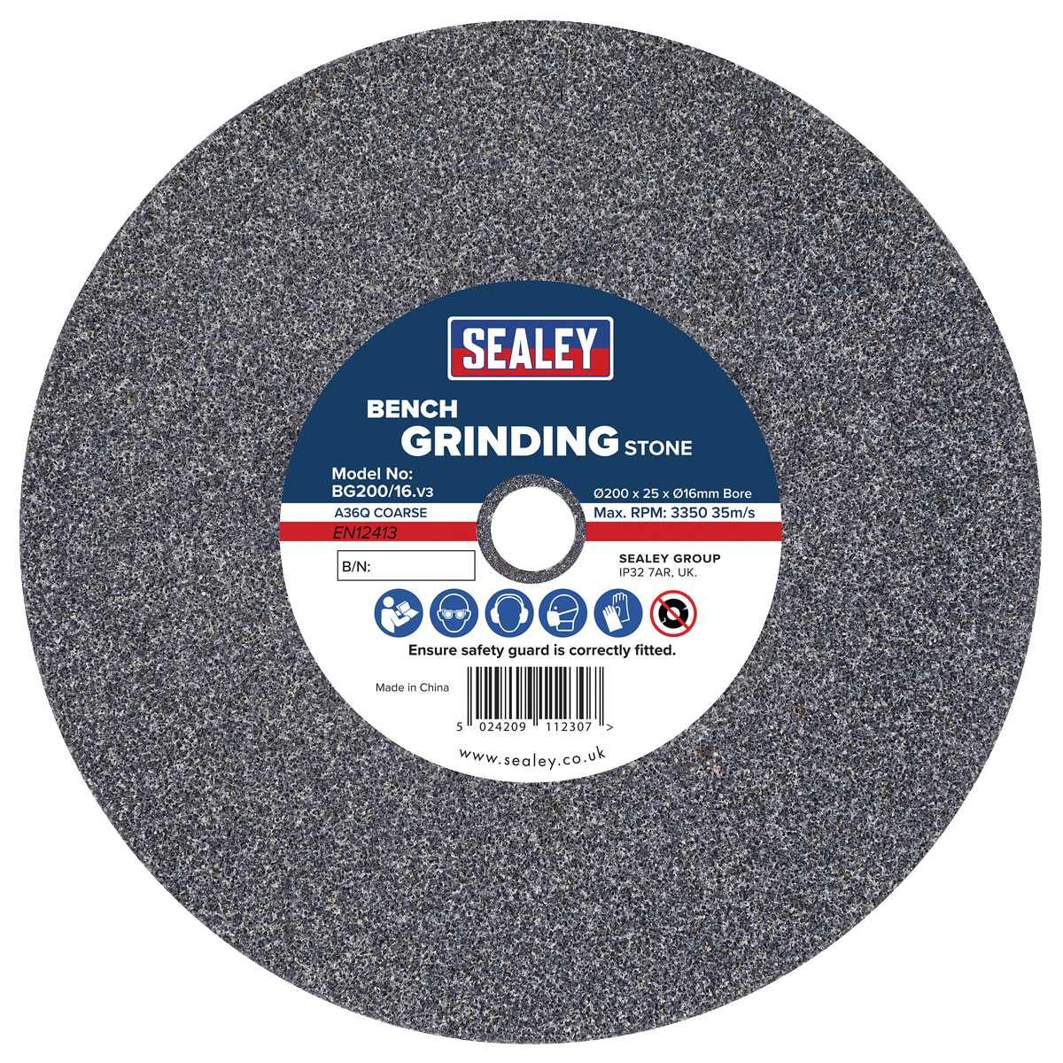 Sealey BG200/16 Grinding Stone 200 x 25mm 16mm Bore A36Q Coarse