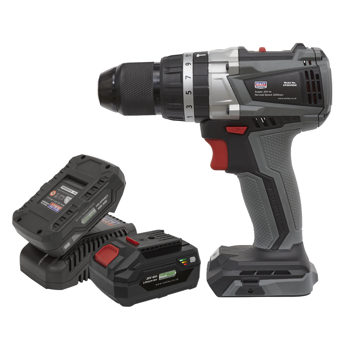 Sealey CP20VDDXKIT Premier SV20 Series 13mm Brushless Cordless Combi Drill Kit 20V - 2 Batteries