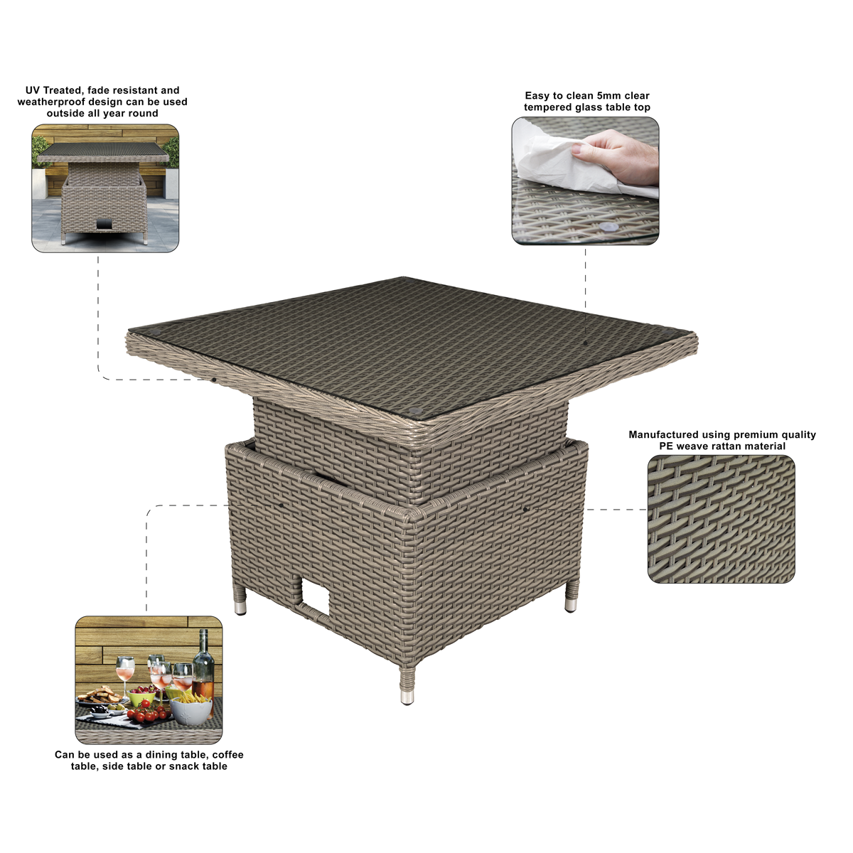Sealey DG73 Dellonda Chester Rattan Wicker Adjustable-Height Outdoor Dining Table