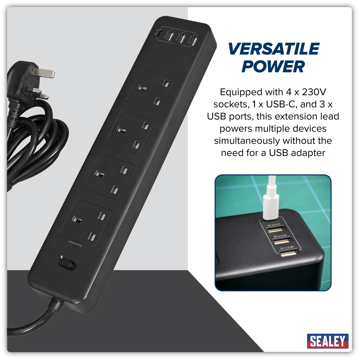 Sealey EL34USBB 2.6m Extension Lead with USB Ports - Black