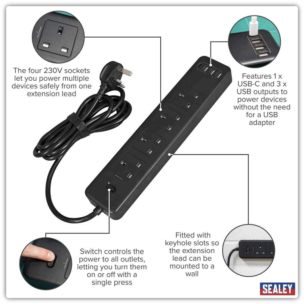 Sealey EL34USBB 2.6m Extension Lead with USB Ports - Black