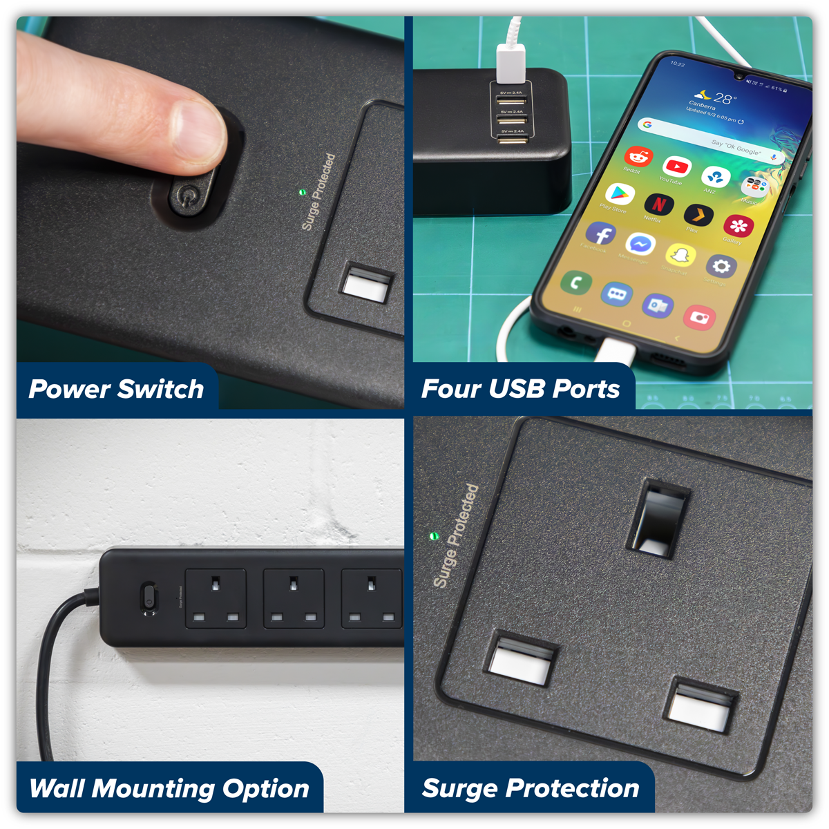 Sealey EL34USBB 2.6m Extension Lead with USB Ports - Black