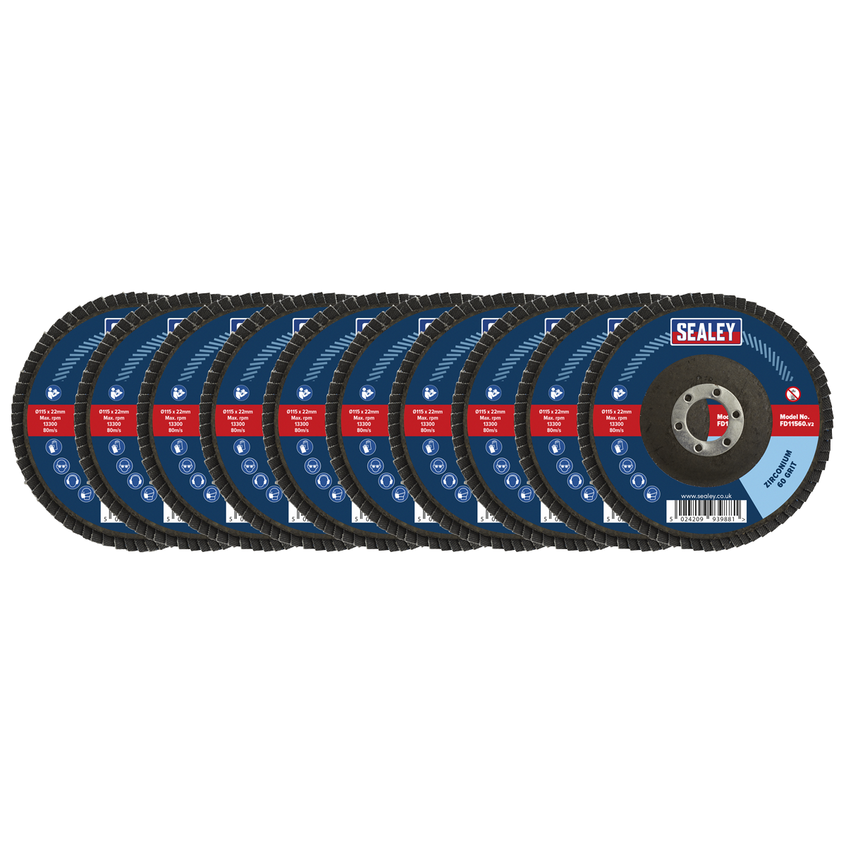 Sealey FD115MIX Assorted Grit Flap Discs Zirconium 115mm 22mm Bore - Pack of 10