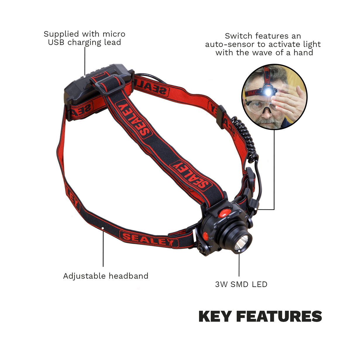Sealey HT106LED Head Torch 3W CREE* LED Auto-Sensor Rechargeable