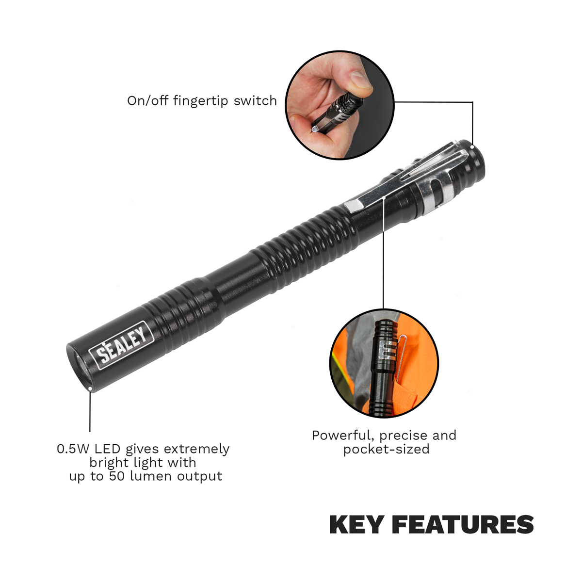 Sealey LED043 Aluminium Penlight 0.5W LED 2 x AAA Cell