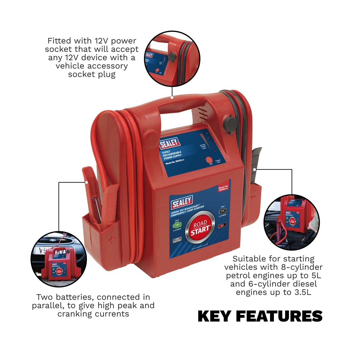 Sealey RS103 RoadStart Emergency Jump Starter 12V 3200 Peak Amps